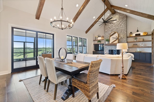 3166 Tanyard Hollow Rd, Culleoka, TN 38451 - dining space with a chandelier, dark wood-type flooring, beam ceiling, high vaulted ceiling, and a fireplace