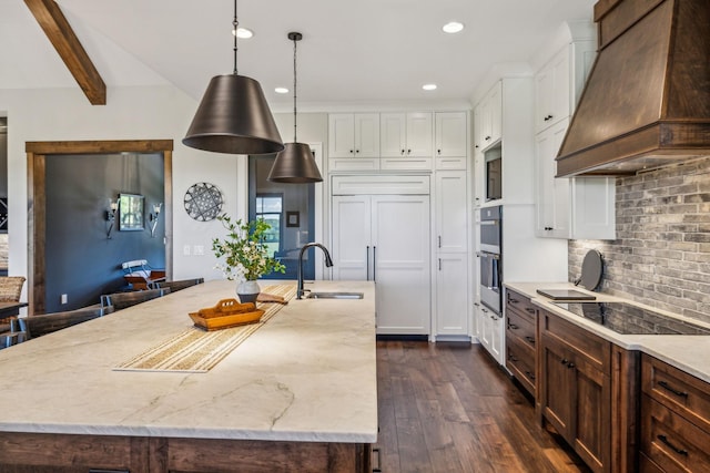 3166 Tanyard Hollow Rd, Culleoka, TN 38451 - kitchen featuring custom exhaust hood, black electric stovetop, a sink, dark wood-style floors, and tasteful backsplash