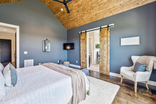 3166 Tanyard Hollow Rd, Culleoka, TN 38451 - bedroom featuring a barn door, high vaulted ceiling, baseboards, wood ceiling, and hardwood / wood-style floors