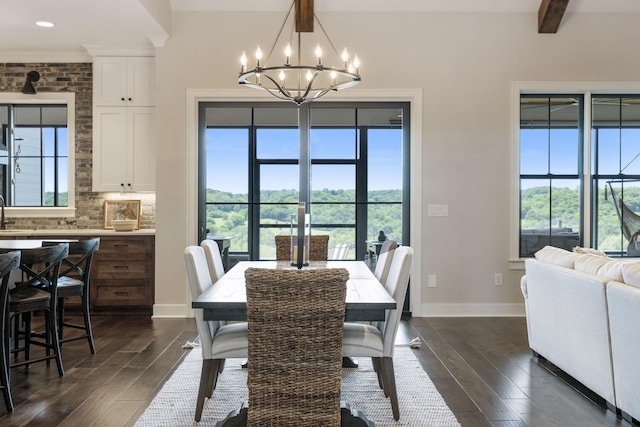 3166 Tanyard Hollow Rd, Culleoka, TN 38451 - dining area with a chandelier, dark wood-style flooring, beamed ceiling, and baseboards