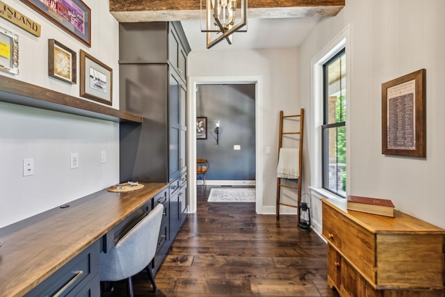 3166 Tanyard Hollow Rd, Culleoka, TN 38451 - office space with built in study area, dark wood finished floors, a chandelier, and baseboards