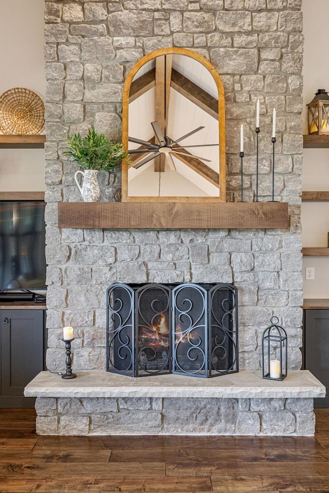 3166 Tanyard Hollow Rd, Culleoka, TN 38451 - detailed view of a fireplace, a ceiling fan, and wood finished floors