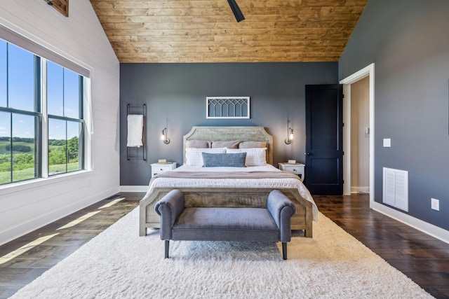 3166 Tanyard Hollow Rd, Culleoka, TN 38451 - bedroom with vaulted ceiling, wooden ceiling, dark wood finished floors, and baseboards