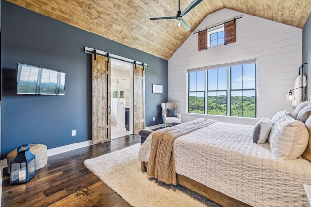 3166 Tanyard Hollow Rd, Culleoka, TN 38451 - bedroom with a barn door, wood-type flooring, wooden ceiling, baseboards, and high vaulted ceiling