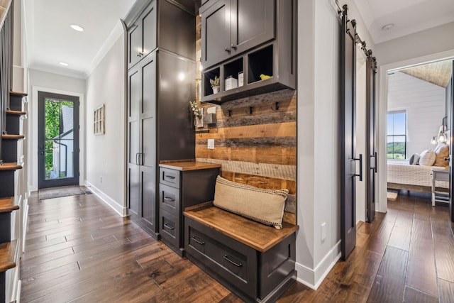 3166 Tanyard Hollow Rd, Culleoka, TN 38451 - corridor with a barn door, baseboards, dark wood-type flooring, ornamental molding, and recessed lighting