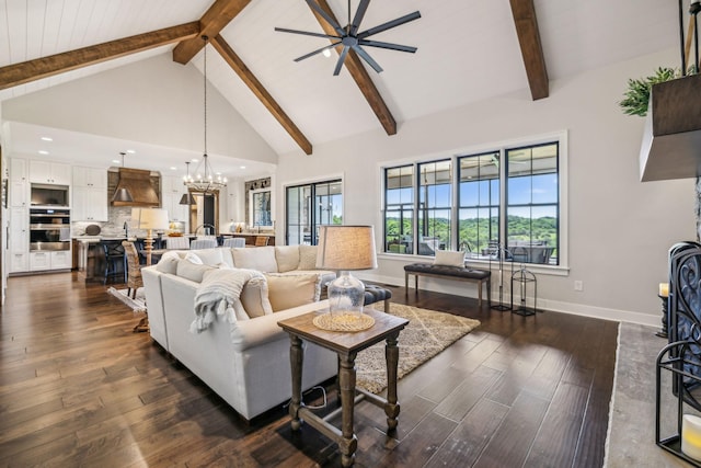 3166 Tanyard Hollow Rd, Culleoka, TN 38451 - living room featuring baseboards, dark wood-style flooring, a ceiling fan, beamed ceiling, and high vaulted ceiling