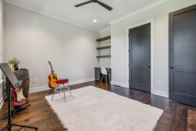 3166 Tanyard Hollow Rd, Culleoka, TN 38451 - living area with ornamental molding, baseboards, ceiling fan, wood finished floors, and an office area
