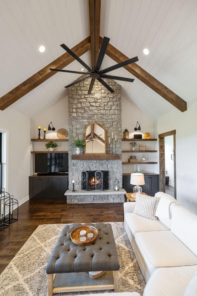 3166 Tanyard Hollow Rd, Culleoka, TN 38451 - living area featuring a ceiling fan, a stone fireplace, wood finished floors, wood ceiling, and baseboards