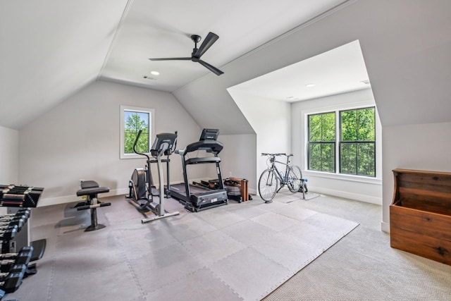 3166 Tanyard Hollow Rd, Culleoka, TN 38451 - exercise room with healthy amount of natural light, lofted ceiling, a ceiling fan, and baseboards