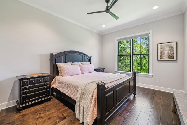 3166 Tanyard Hollow Rd, Culleoka, TN 38451 - bedroom featuring baseboards, dark wood-style floors, crown molding, ceiling fan, and recessed lighting