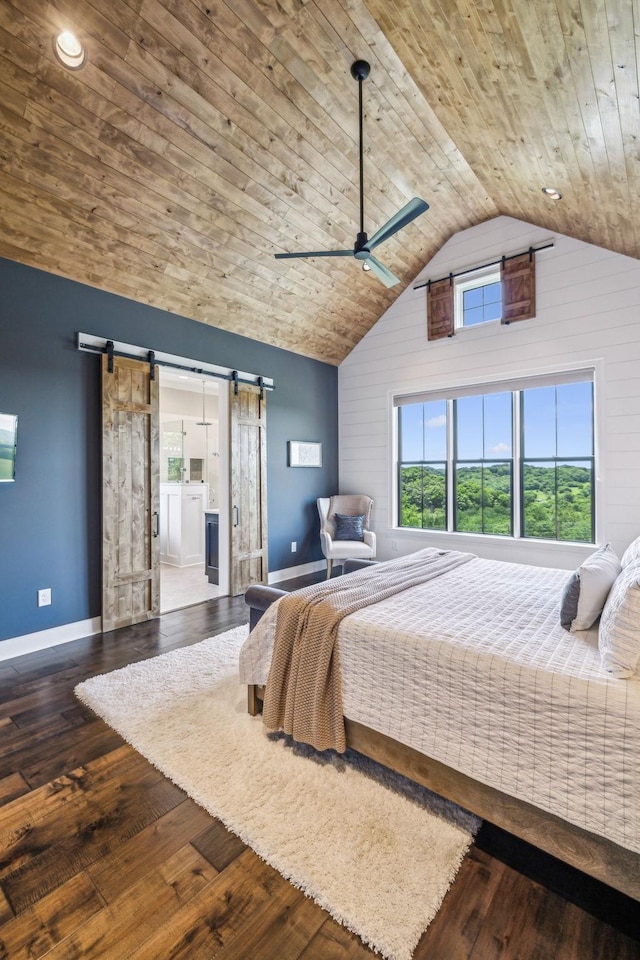 3166 Tanyard Hollow Rd, Culleoka, TN 38451 - bedroom with a barn door, wooden ceiling, baseboards, hardwood / wood-style floors, and high vaulted ceiling