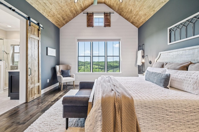 3166 Tanyard Hollow Rd, Culleoka, TN 38451 - bedroom featuring a barn door, wood finished floors, wooden ceiling, high vaulted ceiling, and baseboards