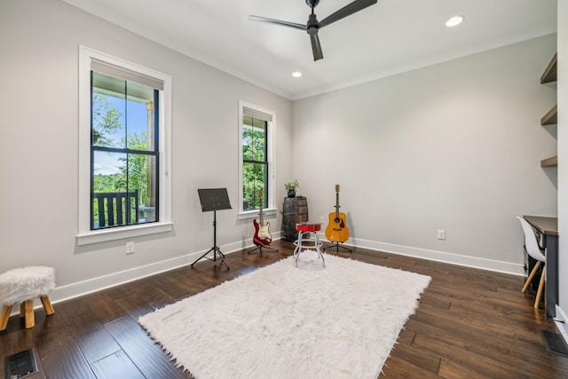 3166 Tanyard Hollow Rd, Culleoka, TN 38451 - living area with plenty of natural light, a ceiling fan, baseboards, dark wood finished floors, and recessed lighting