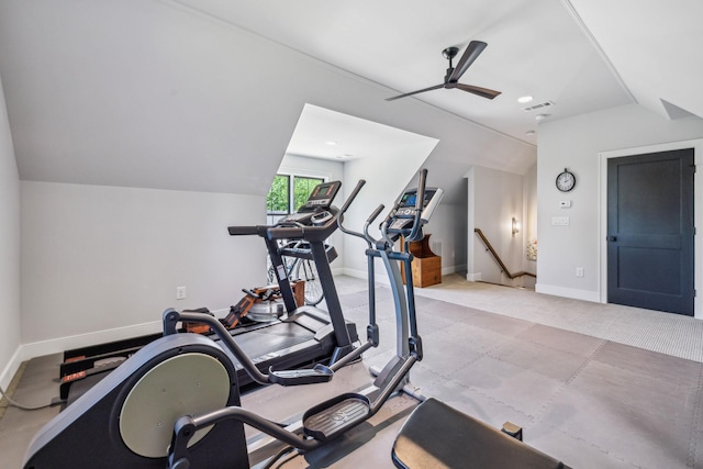 3166 Tanyard Hollow Rd, Culleoka, TN 38451 - exercise area featuring vaulted ceiling, ceiling fan, and baseboards