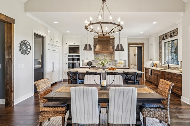 3166 Tanyard Hollow Rd, Culleoka, TN 38451 - dining space featuring a chandelier, recessed lighting, dark wood finished floors, baseboards, and ornamental molding