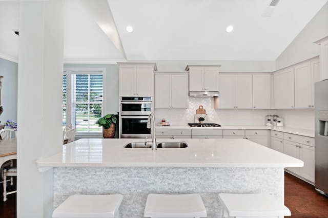 3227 Vinemont Dr, Thompsons Station, TN 37179 - kitchen featuring vaulted ceiling, a sink, stainless steel appliances, under cabinet range hood, and backsplash