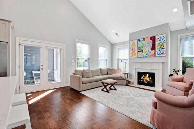 3227 Vinemont Dr, Thompsons Station, TN 37179 - living area with high vaulted ceiling, a premium fireplace, dark wood-type flooring, recessed lighting, and french doors