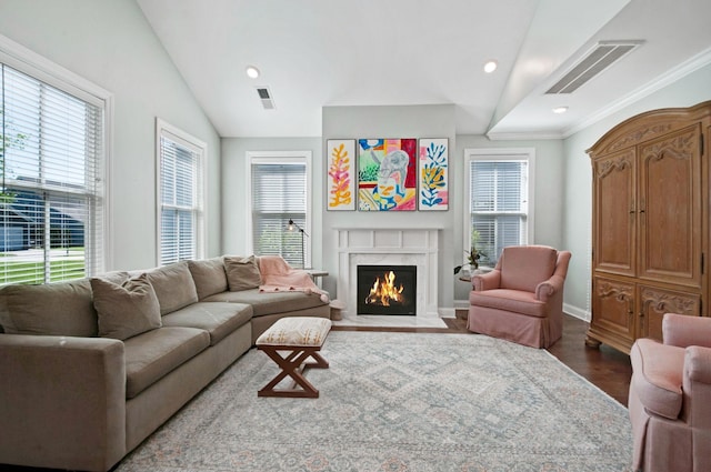 3227 Vinemont Dr, Thompsons Station, TN 37179 - living room featuring vaulted ceiling, wood finished floors, a fireplace, baseboards, and recessed lighting