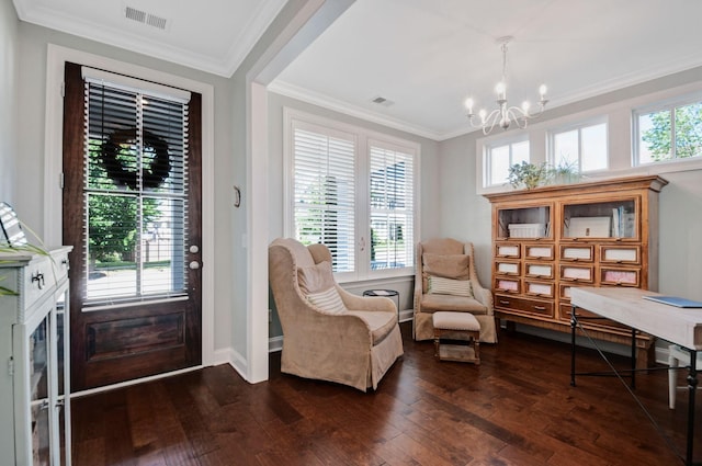 3227 Vinemont Dr, Thompsons Station, TN 37179 - sitting room featuring a chandelier, dark wood-style floors, ornamental molding, and baseboards