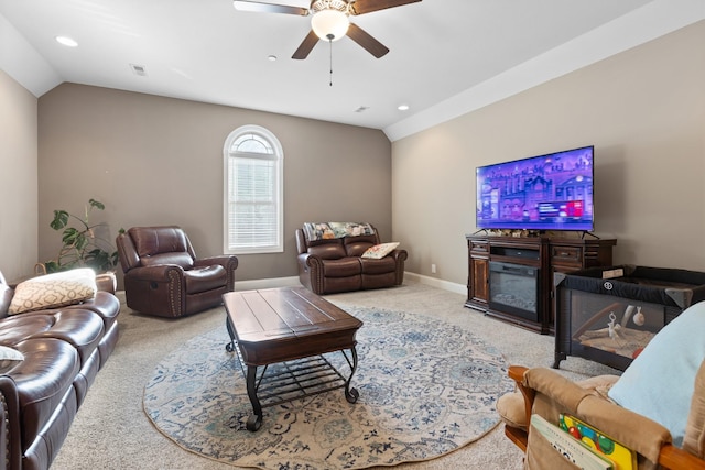 6288 Blacksmith Dr, Pleasant View, TN 37146 - carpeted living room featuring a ceiling fan, lofted ceiling, recessed lighting, and baseboards