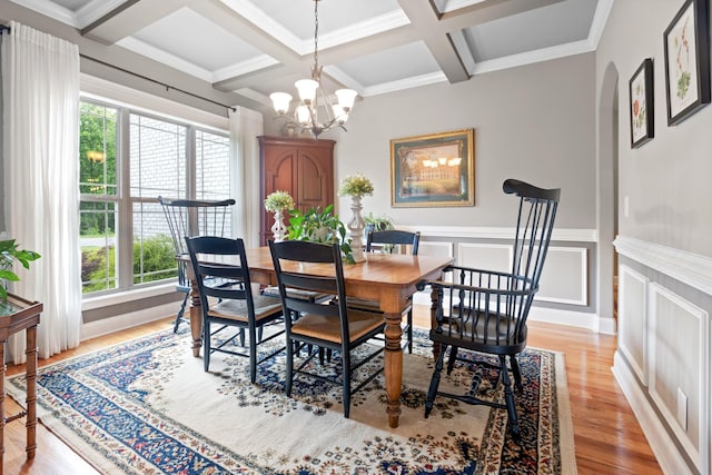 6288 Blacksmith Dr, Pleasant View, TN 37146 - dining area featuring coffered ceiling, beamed ceiling, a chandelier, light wood-style floors, and ornamental molding