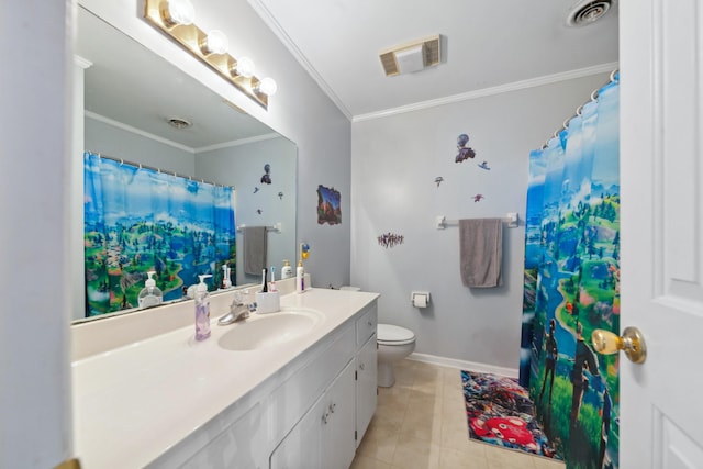 530 David Ave, Lewisburg, TN 37091 - full bathroom with vanity, toilet, crown molding, a shower with curtain, and tile patterned flooring