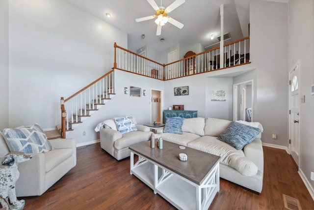 530 David Ave, Lewisburg, TN 37091 - living room featuring a high ceiling, stairway, a ceiling fan, baseboards, and dark wood-style floors