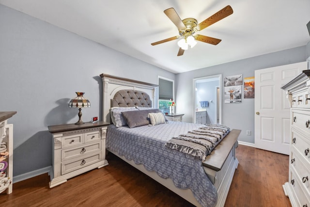 530 David Ave, Lewisburg, TN 37091 - bedroom with dark wood-style flooring, baseboards, connected bathroom, and ceiling fan