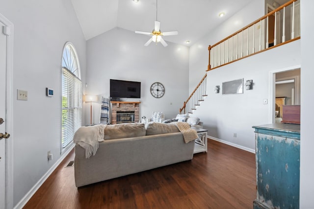 530 David Ave, Lewisburg, TN 37091 - living room featuring high vaulted ceiling, dark wood-style floors, ceiling fan, baseboards, and a fireplace