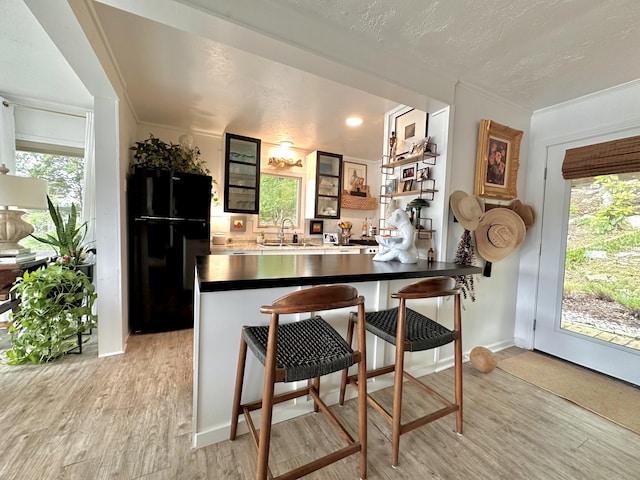 645 Attaway Ln, Bath Springs, TN 38311 - kitchen featuring freestanding refrigerator, a peninsula, a sink, light wood finished floors, and healthy amount of natural light