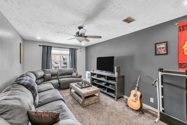 911 Keepsake Diamond Ln, Murfreesboro, TN 37128 - carpeted living room with a ceiling fan, a textured ceiling, and baseboards