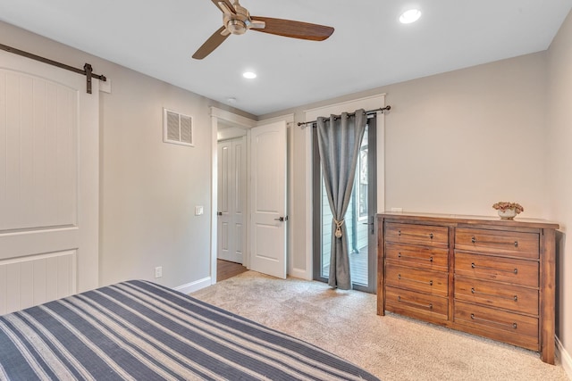 6416 Edsel Dr, Nashville, TN 37209 - carpeted bedroom with baseboards, a barn door, recessed lighting, access to outside, and ceiling fan