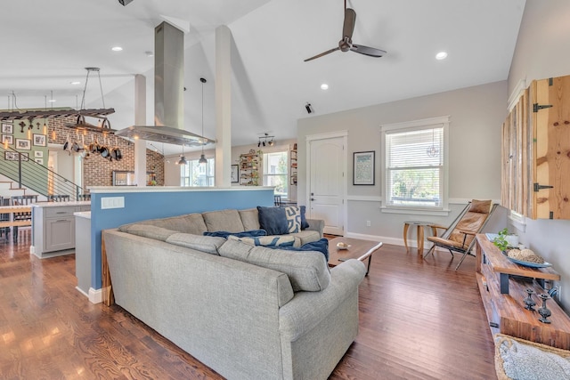 6416 Edsel Dr, Nashville, TN 37209 - living area featuring a ceiling fan, dark wood-type flooring, high vaulted ceiling, and baseboards