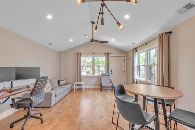 6416 Edsel Dr, Nashville, TN 37209 - office area with a ceiling fan, light wood-style flooring, vaulted ceiling, baseboards, and recessed lighting