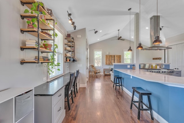 6416 Edsel Dr, Nashville, TN 37209 - kitchen with open shelves, range, a kitchen breakfast bar, a ceiling fan, and dark wood-style flooring