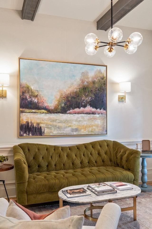 4083 Kings Camp Pass, Arrington, TN 37014 - carpeted living room with beam ceiling, a chandelier, and wainscoting