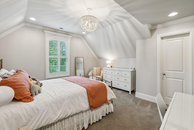 4083 Kings Camp Pass, Arrington, TN 37014 - carpeted bedroom featuring vaulted ceiling, a chandelier, baseboards, recessed lighting, and crown molding