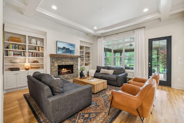 4083 Kings Camp Pass, Arrington, TN 37014 - living room with light wood-type flooring, crown molding, beam ceiling, coffered ceiling, and a fireplace