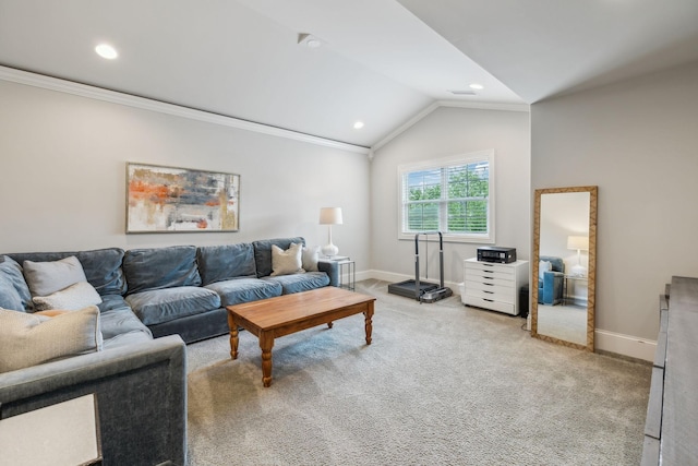4083 Kings Camp Pass, Arrington, TN 37014 - living area featuring light colored carpet, ornamental molding, baseboards, vaulted ceiling, and recessed lighting