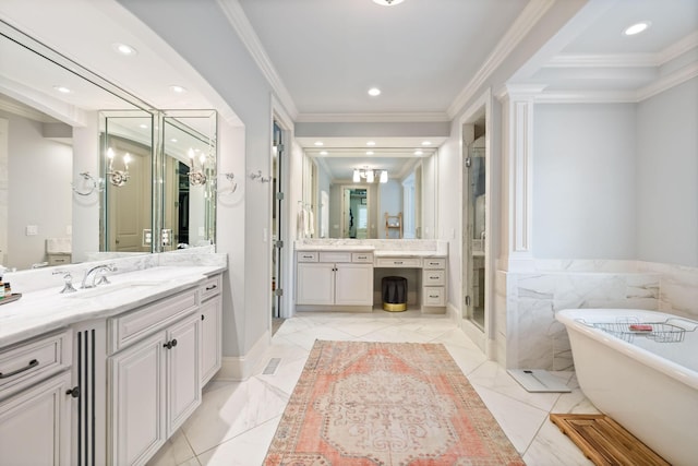 4083 Kings Camp Pass, Arrington, TN 37014 - bathroom with a freestanding bath, two vanities, crown molding, recessed lighting, and a stall shower
