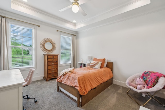 4083 Kings Camp Pass, Arrington, TN 37014 - carpeted bedroom with a tray ceiling, crown molding, baseboards, an office area, and a ceiling fan