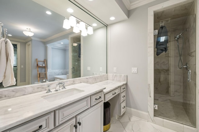 4083 Kings Camp Pass, Arrington, TN 37014 - bathroom featuring crown molding, a stall shower, vanity, baseboards, and marble finish flooring