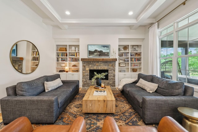 4083 Kings Camp Pass, Arrington, TN 37014 - living room with crown molding, a stone fireplace, and recessed lighting
