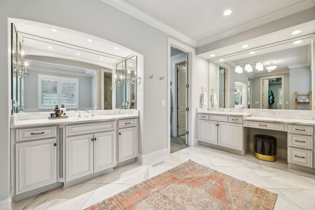 4083 Kings Camp Pass, Arrington, TN 37014 - full bath with a chandelier, crown molding, two vanities, recessed lighting, and baseboards