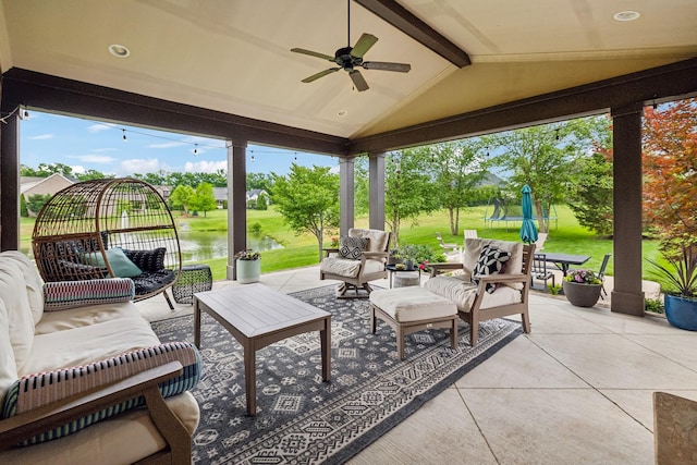 4083 Kings Camp Pass, Arrington, TN 37014 - view of patio / terrace featuring a trampoline, outdoor lounge area, ceiling fan, and a water view