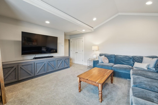 4083 Kings Camp Pass, Arrington, TN 37014 - living area with crown molding, lofted ceiling, recessed lighting, light colored carpet, and baseboards