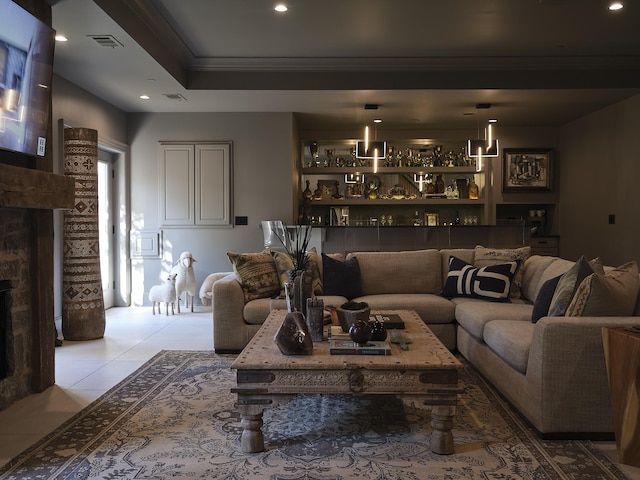 4516 Shys Hill Rd, Nashville, TN 37215 - living area with a large fireplace, crown molding, and tile patterned flooring
