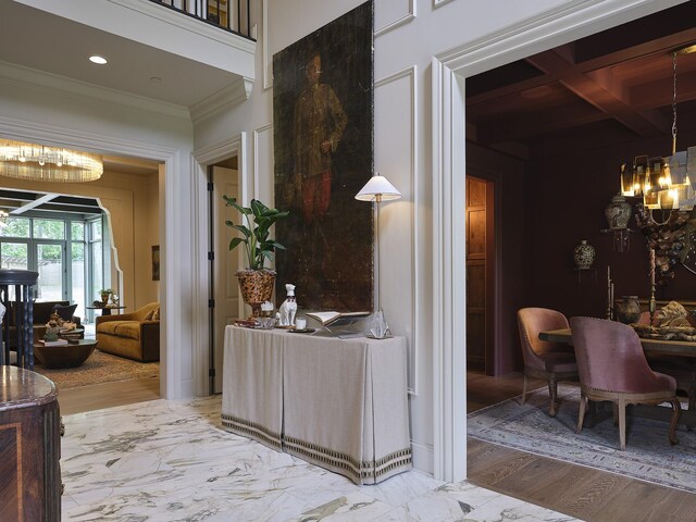 4516 Shys Hill Rd, Nashville, TN 37215 - interior space featuring a chandelier, ornamental molding, coffered ceiling, recessed lighting, and beam ceiling