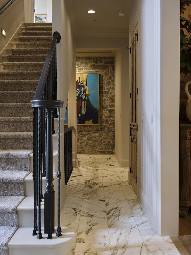 4516 Shys Hill Rd, Nashville, TN 37215 - corridor with stairs, ornamental molding, recessed lighting, marble finish flooring, and baseboards