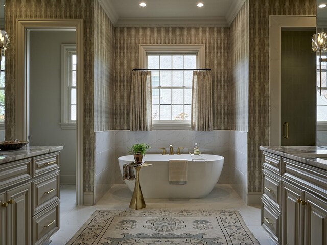 4516 Shys Hill Rd, Nashville, TN 37215 - bathroom featuring vanity, ornamental molding, and a freestanding tub